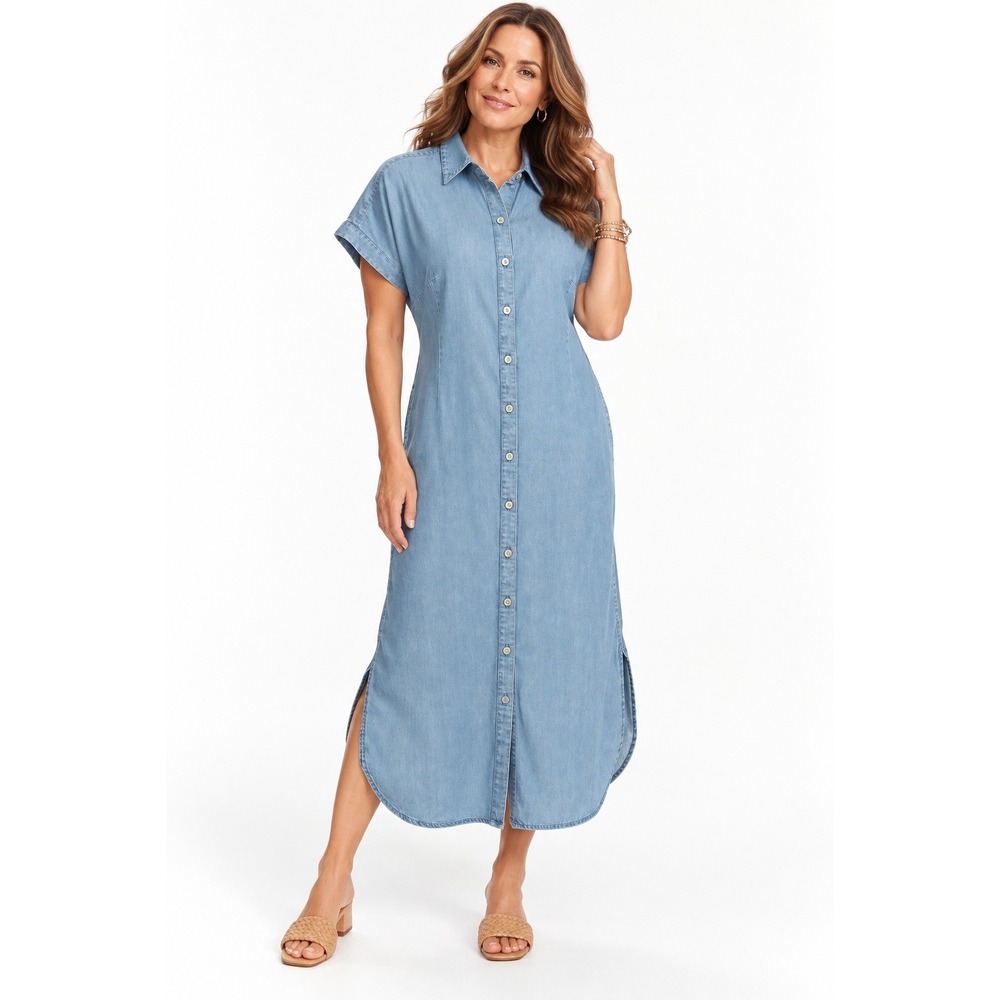 Soft Surroundings Je Veux Midi Shirtdress Light Denim Blue Lyocell Petite Small